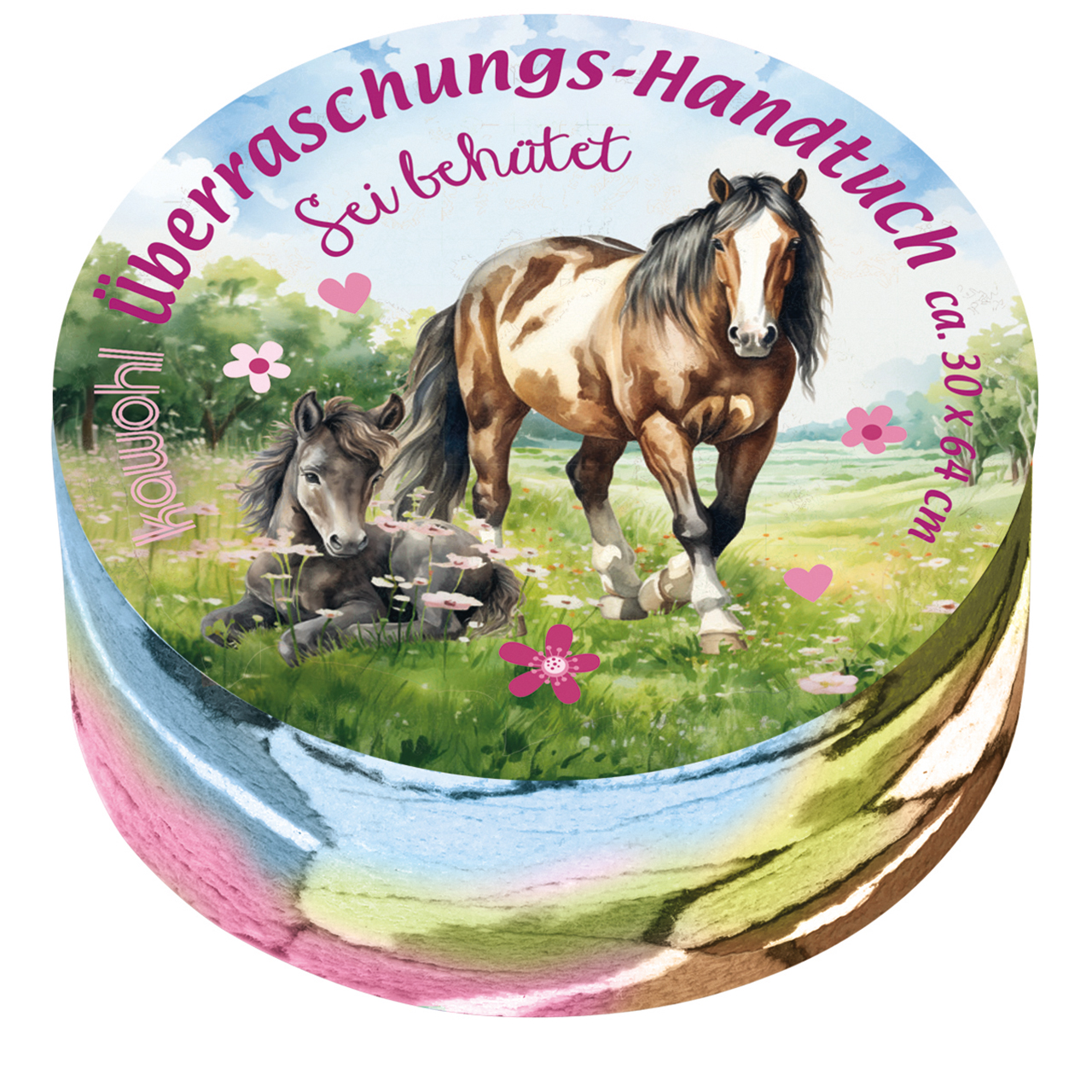 Überraschungs-Handtuch - Sei behütet - Pferd Fohlen Wiese Blumen Herz Wolken Grafik