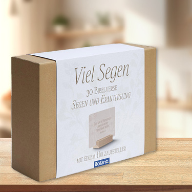 Minikarten-Box mit dem Titel „Viel Segen“, 30 Briefversen und edlem Holzaufsteller auf einem Holztisch.