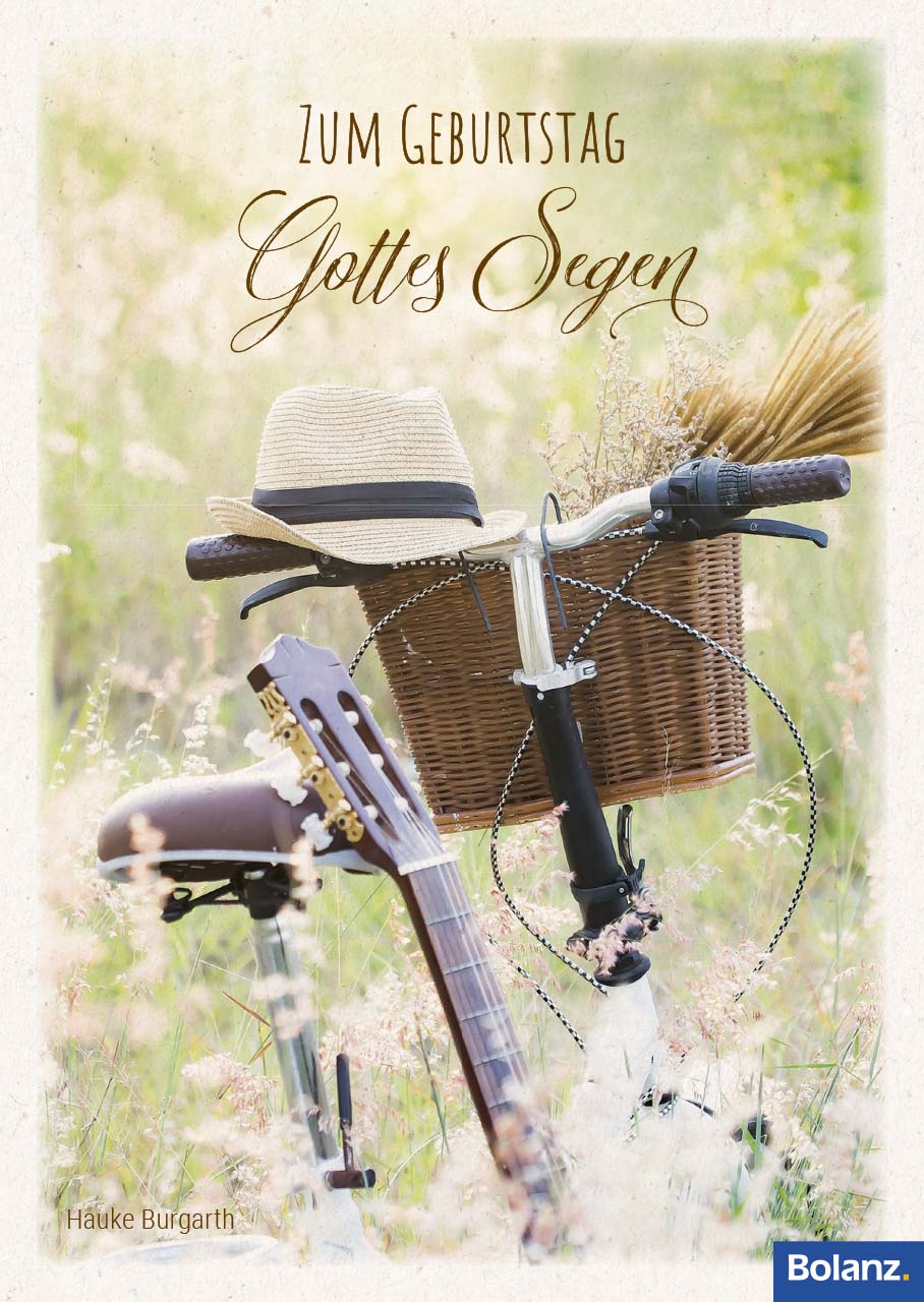 Grußheft - Zum Geburtstag Gottes Segen - Blumenwiese Fahrrad Korb Hut Gitarre