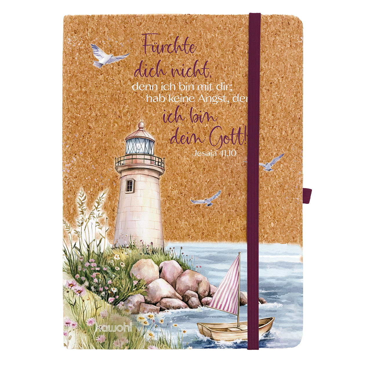 Notizbuch - Fürchte dich nicht, denn ich bin mit dir; - Grafik Leuchtturm Boot Möve Stenne Blumen Wasser Meer