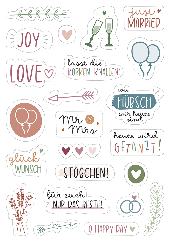 Aufkleber - Sticker-Set Hochzeit - Sticker Herz Gläser Pfeil Torte Luftballons