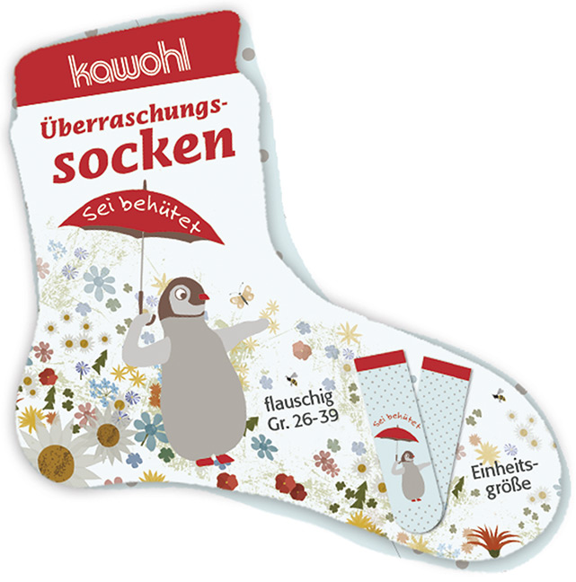 Überraschungssocken - Sei behütet - Pinguin mit rotem Regenschirm