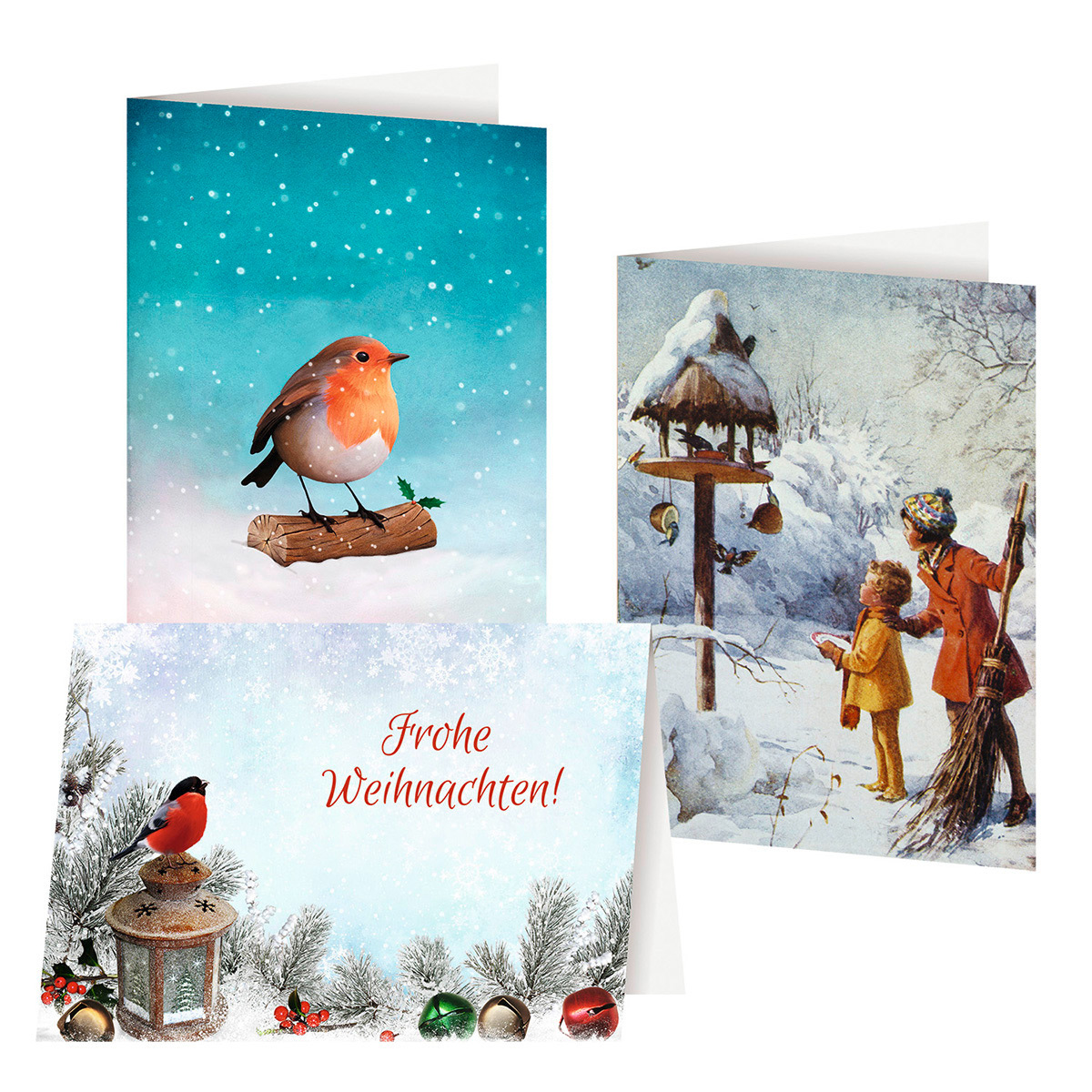 Faltkarte - Grußkarten 'Wintervögel' 3er-Set - Vögel Menschen Laterne Glocken Schnee Besen Kinder Futterhaus