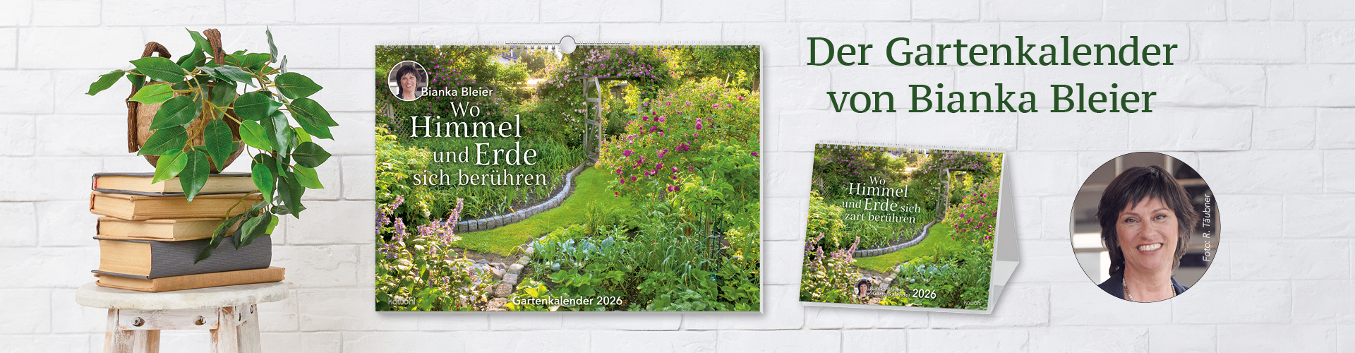 Banner für den Garten-Kalender von Bianka Bleier mit einem dekorativen Gartenmotiv und einem Portrait von der Autorin.