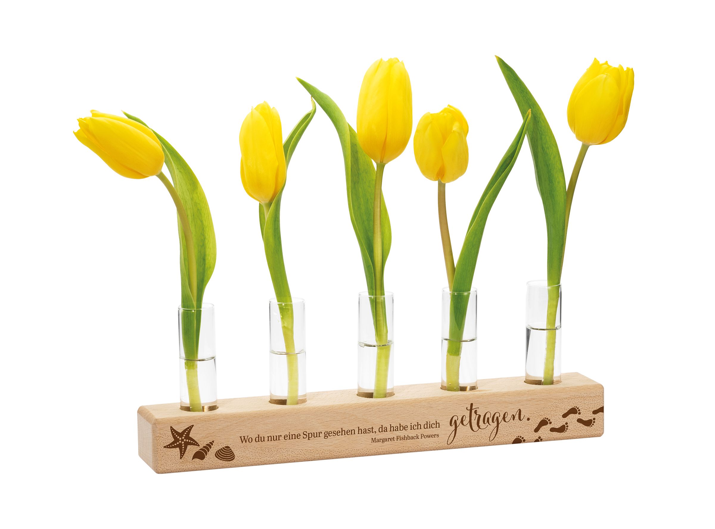 Vasenständer 'Spuren im Sand' mit 5 Glaseinsätzen Dekoration - Vasenständer 'Spuren im Sand' mit 5 Glaseinsätzen - Reagenzgläser Blumen Tulpen Holzständer Muscheln Seestern Fußabdrücke
