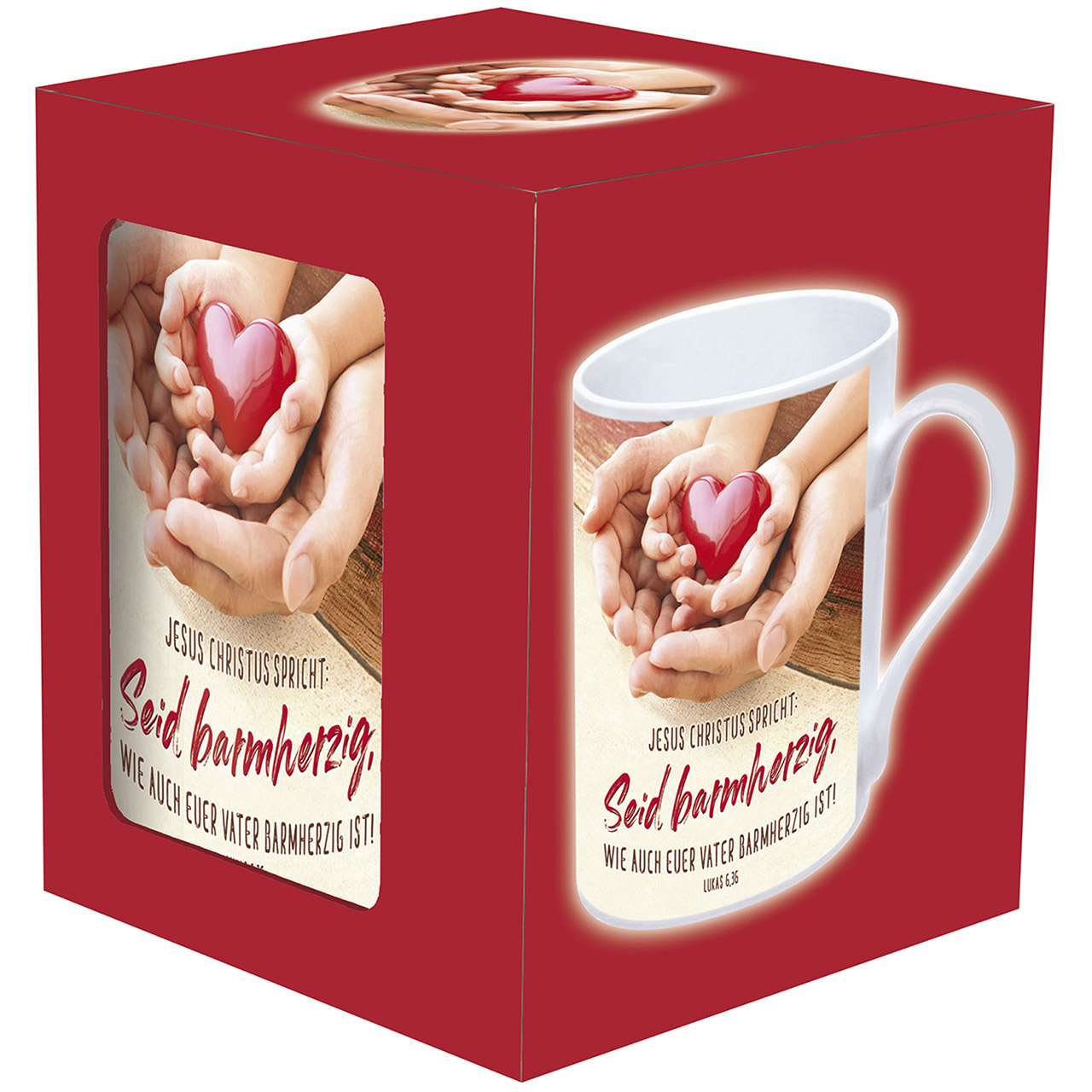 Tasse - Seid barmherzig, wie auch euer Vater barmherzig ist! - rotes Herz / Hände