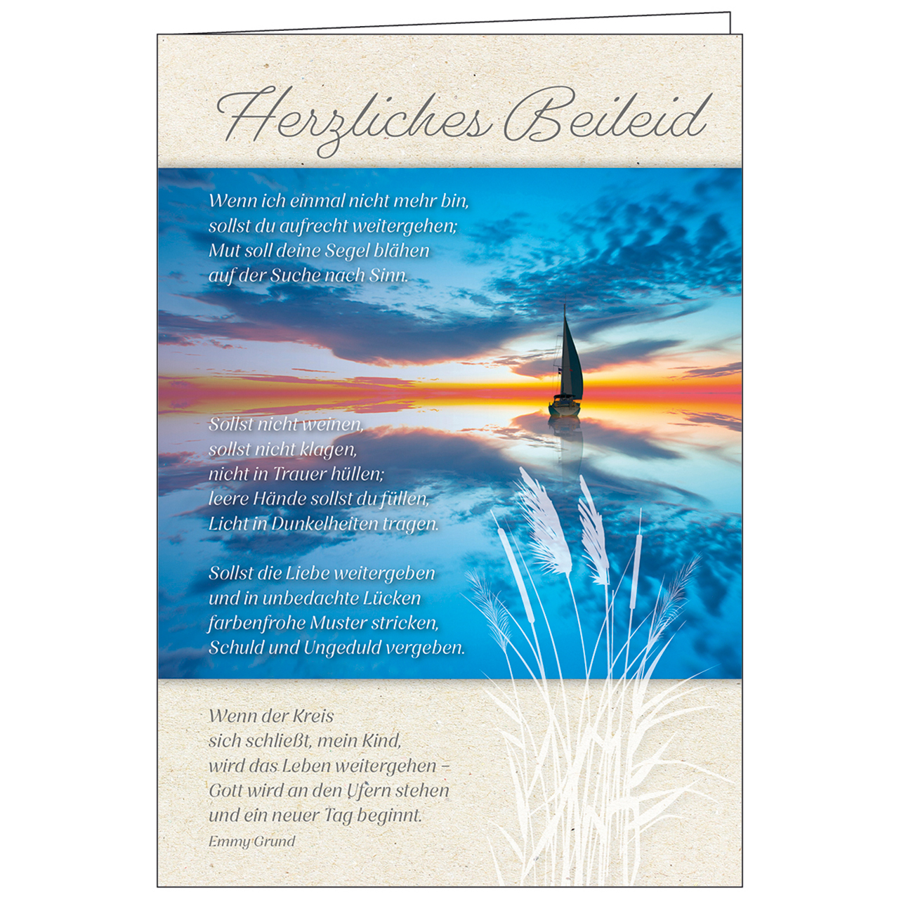 Faltkarte - Herzliches Beileid - Boot Sonnenuntergang Segelschiff Wolken Meer Spiegelung
