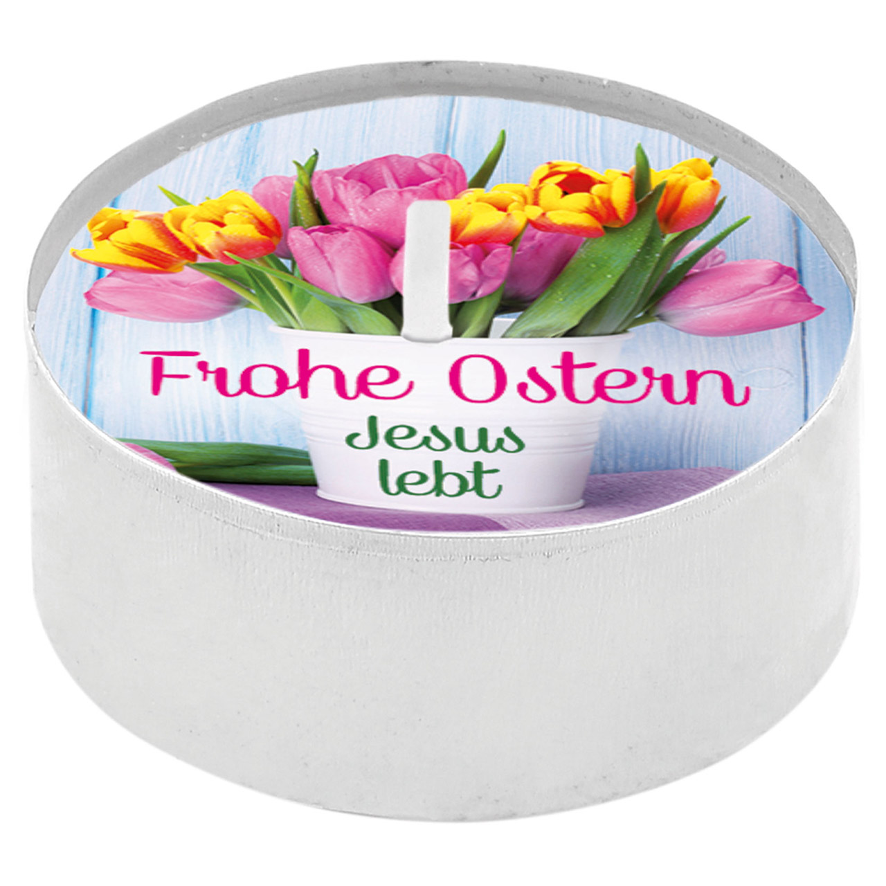 Teelicht mit Grußkarte - Frohe Ostern - Jesus lebt - Tulpen im Topf