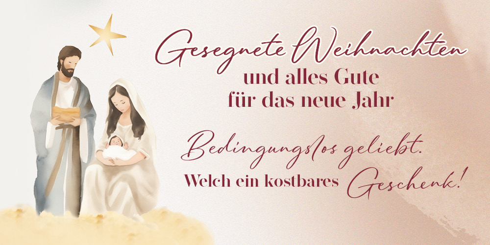 Banner mit einer Illustration der Heiligen Familie, umgeben von weihnachtlichen Grüßen und Wünschen für das neue Jahr.