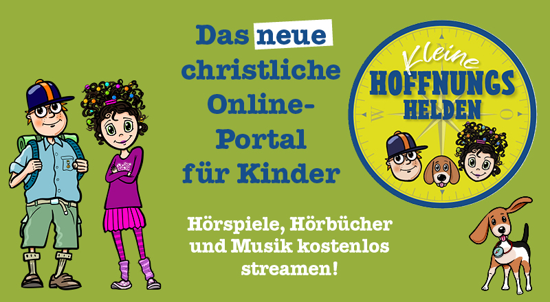 Grünes Banner mit drei Comicfiguren - einem Mädchen, ein Junge und ein Hund. Es verweist auf ein kostenloses, christliches Online-Portal für Kinder mit Hörspielen.