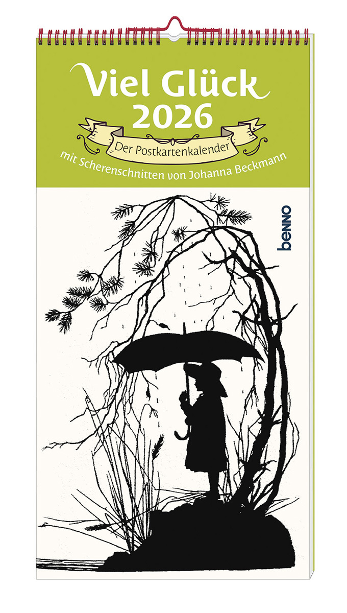 Postkartenkalender - Viel Glück 2026 - Mädchen Regenschirm Regen Baum