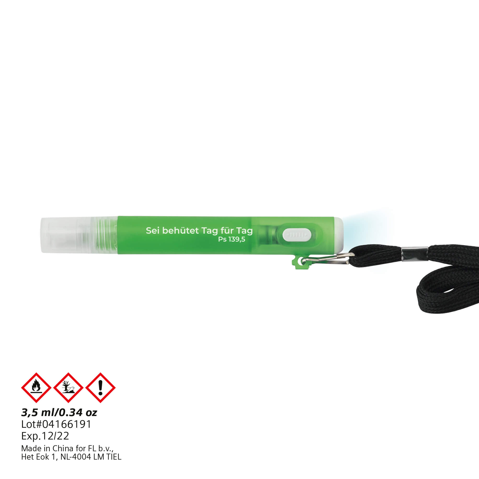 Taschenlampe - Lanyard mit Handsprühflasche, grün 'Sei behütet ...' - Sprühdose Sprühflasche Grün Taschenlampe Schlüsselanhänger