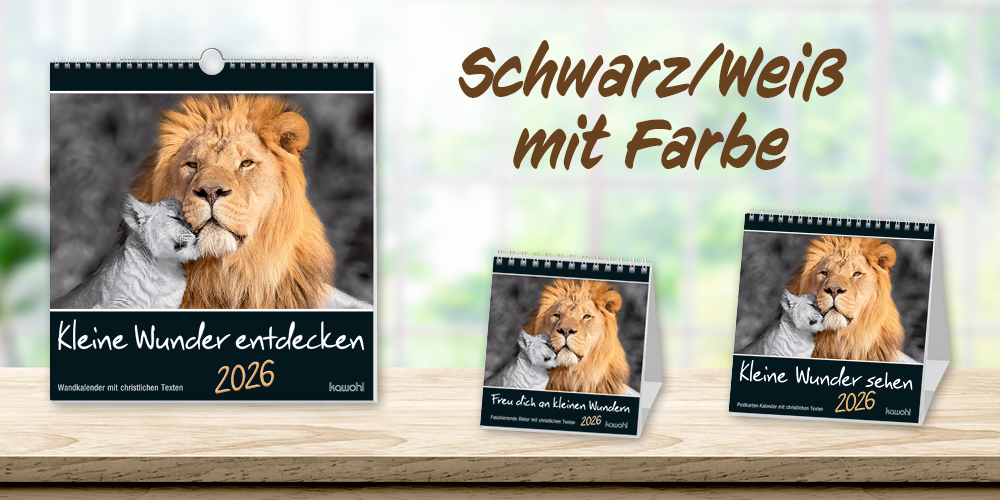 Kalender mit Schwarz-Weiß-Fotos und Farbakzenten und christlichen Texten. The-men: Entdeckung kleiner Wunder.