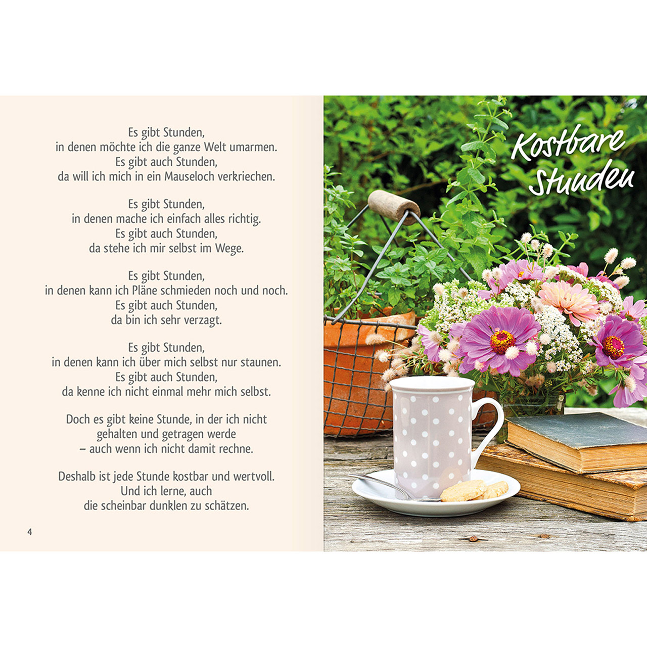 Grußheft - Kostbar ist das neue Jahr - Tasse Korb Bücher Blumenstrauß