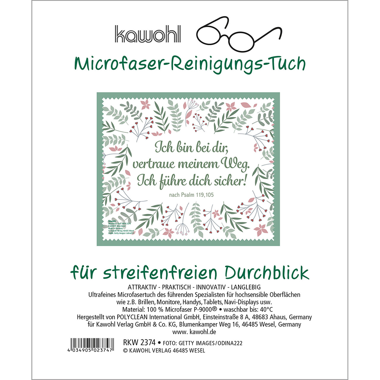 Brillenputztuch - Ich bin bei dir, vertraue meinem Weg - Blätter Blumen Grafik