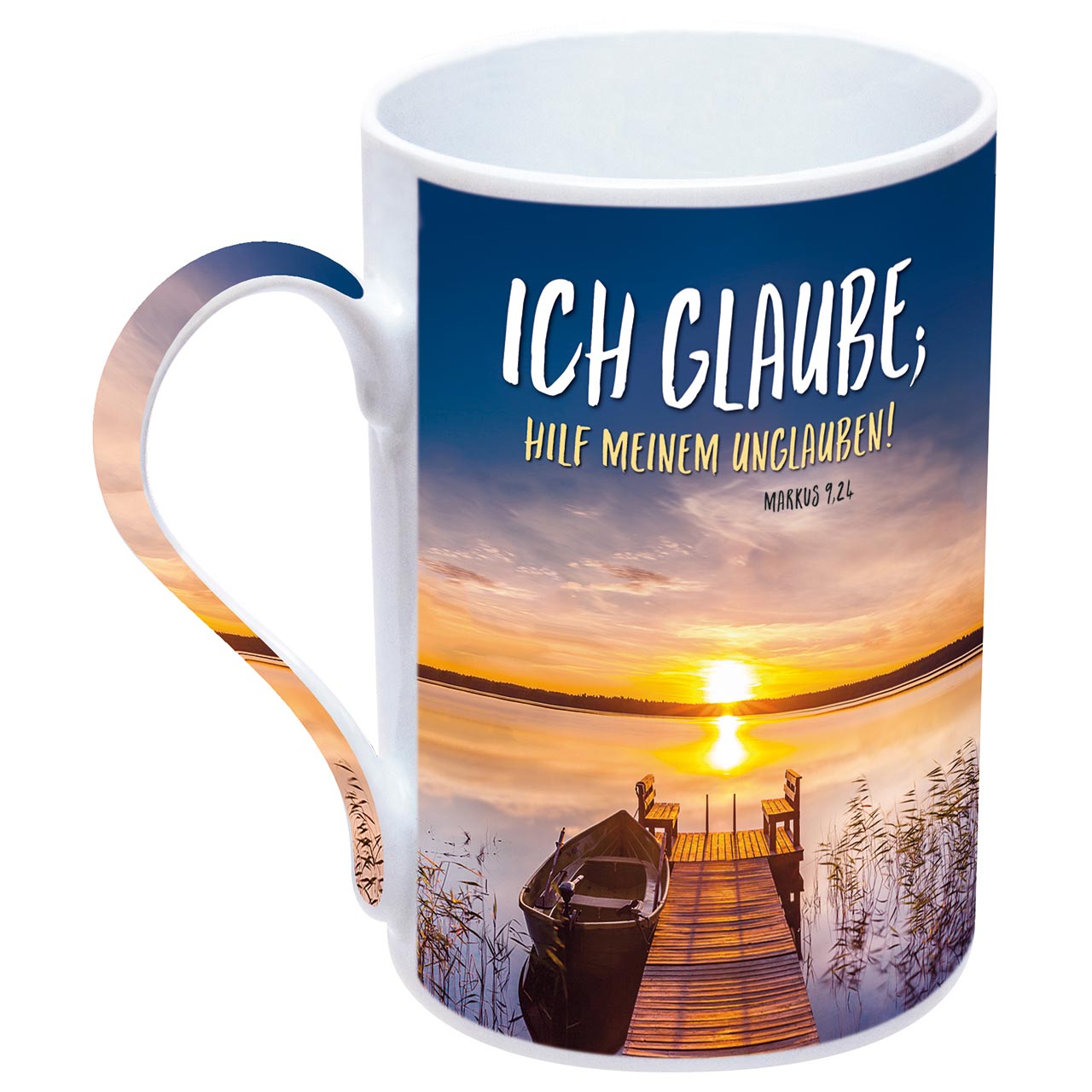 Tasse - Ich glaube: hilf meinem Unglauben! - Steg mit Boot am See, Sonnenuntergang