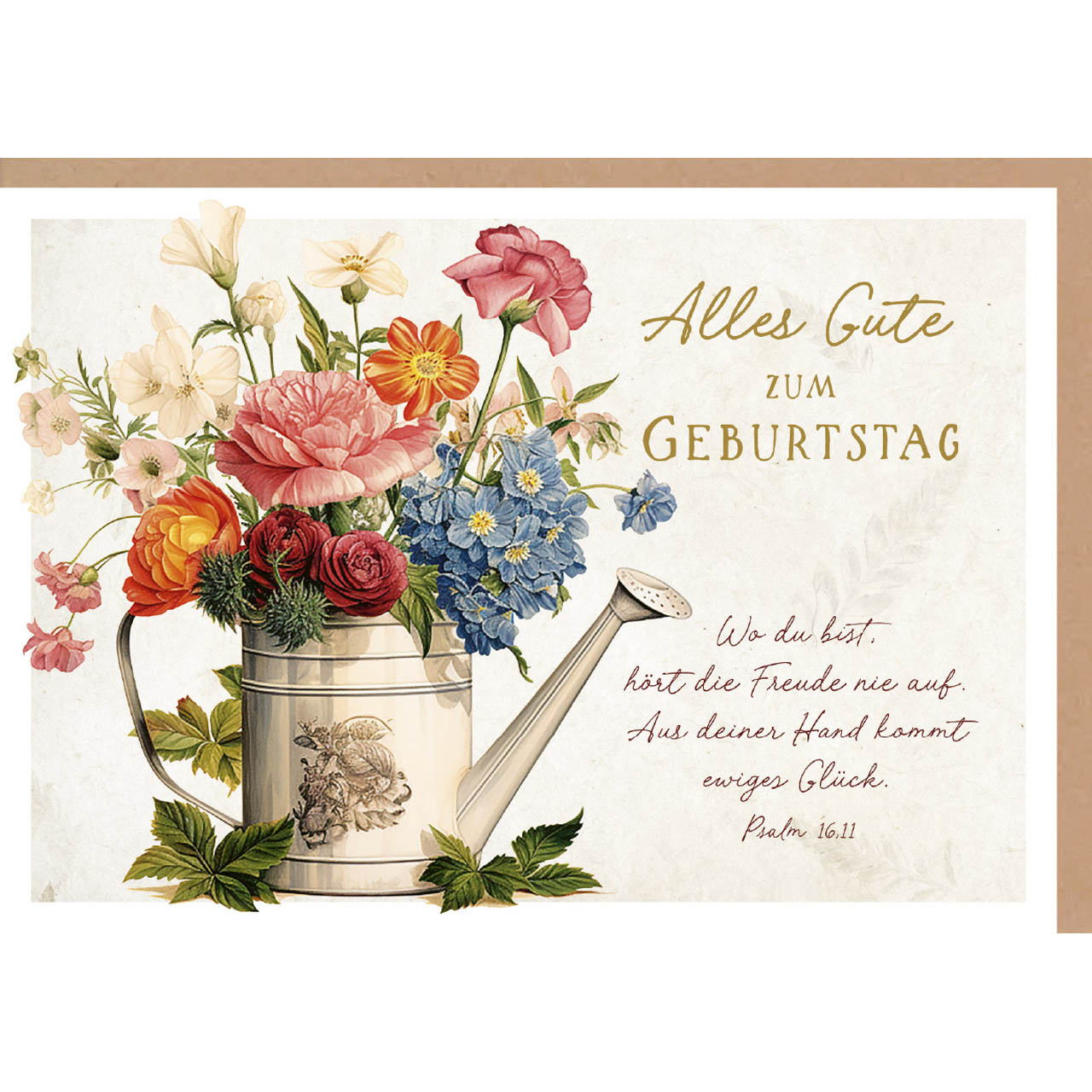 Faltkarte - Faltkarte 'Alles Gute zum Geburtstag'   1x                  Motiv: Blumenstrauß  - Gießkanne Blumen Blätter