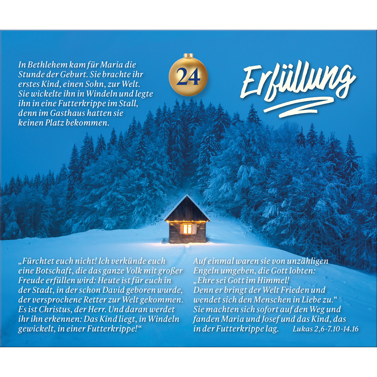 Adventskalender - Wie ein helles Licht in der Nacht - Weihnachtskugel Glas Krippe Maria Josef Jesus Baby Kuh Ochs Esel