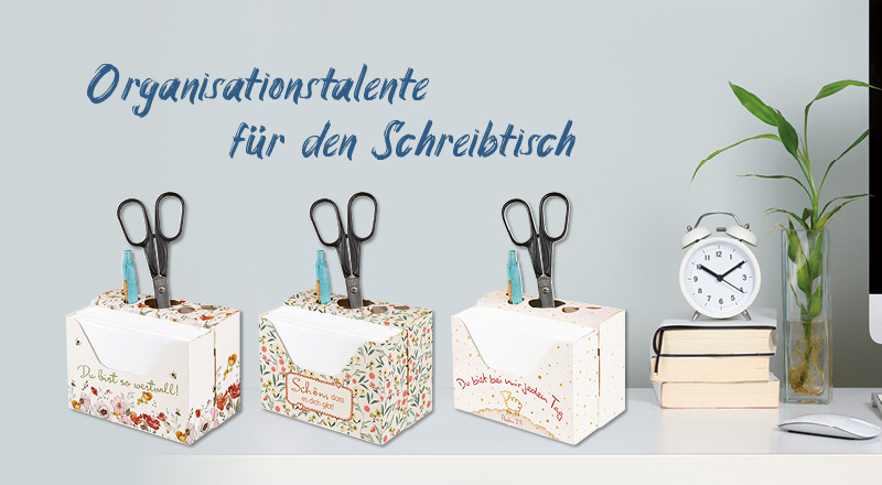Drei dekorative Schreibtischboxen zur Organisation mit christlichen Sprüchen.