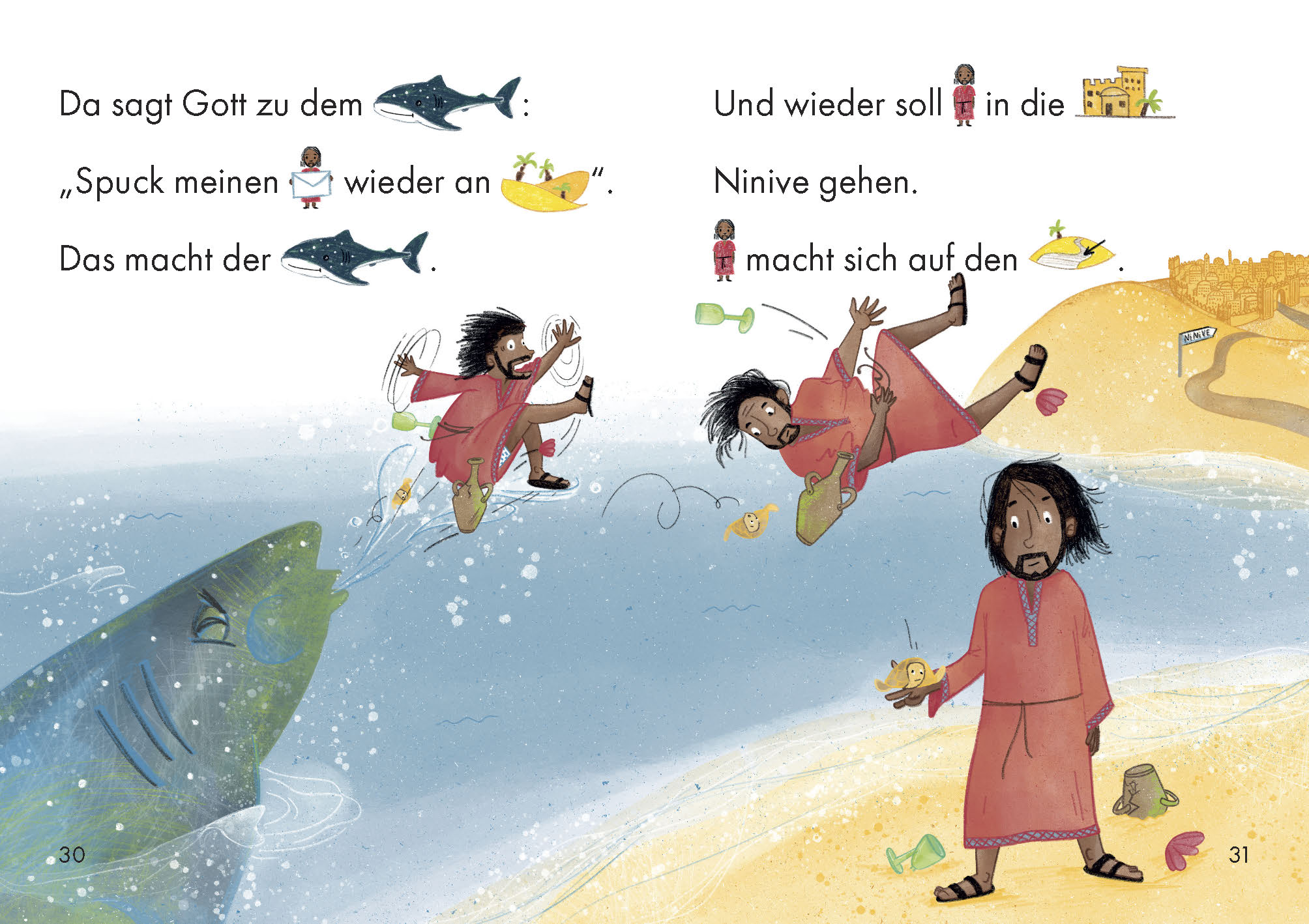Buch - Jona und seine Geschichte mit Gott - Mann Fisch Gläser Krug Meer Sonne Himmel