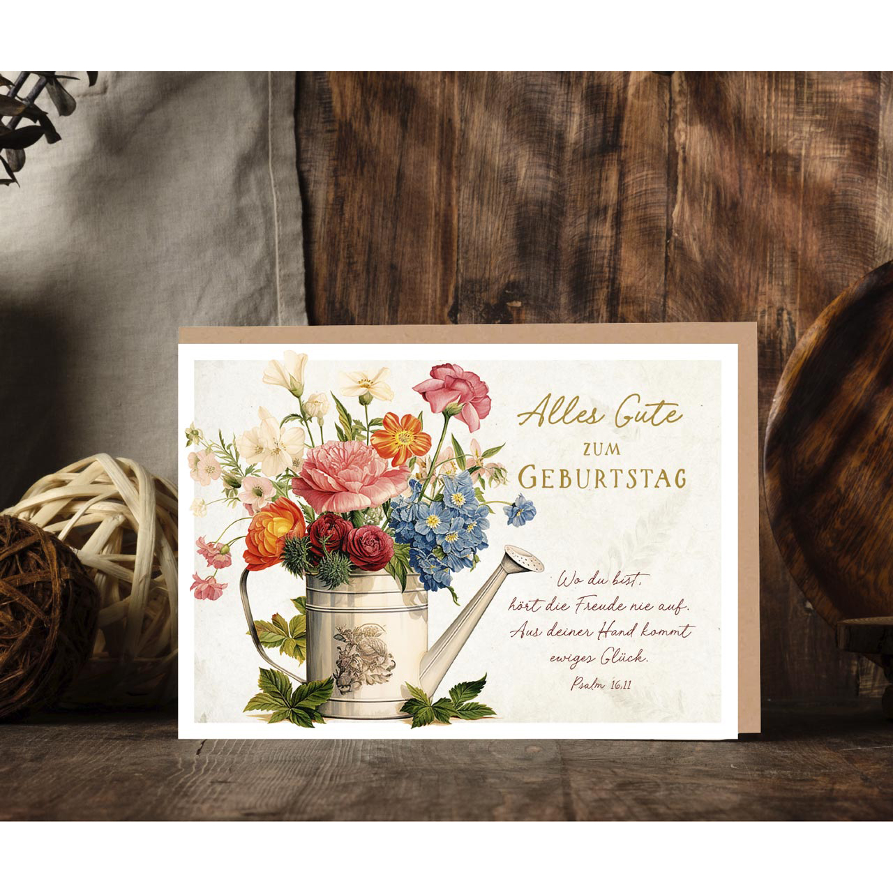 Faltkarte - Faltkarte 'Alles Gute zum Geburtstag'   1x                  Motiv: Blumenstrauß  - Gießkanne Blumen Blätter