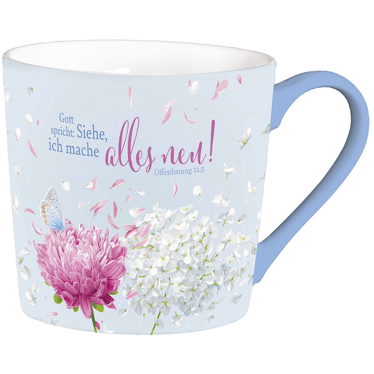 Tassen & Gläser - Gott spricht: Siehe, ich mache alles neu! - Grafik Hortensie Dahlie Blüten Schmetterling