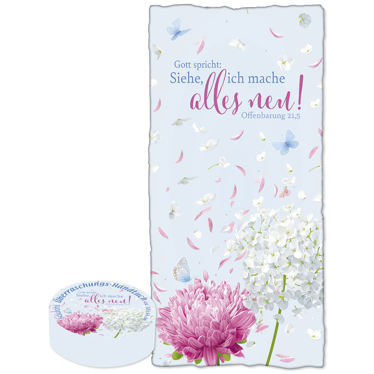 Gott spricht: Siehe, ich mache alles neu! Überraschungs-Handtuch - Gott spricht: Siehe, ich mache alles neu! - Grafik Hortensie Dahlie Schmetterling Blüten