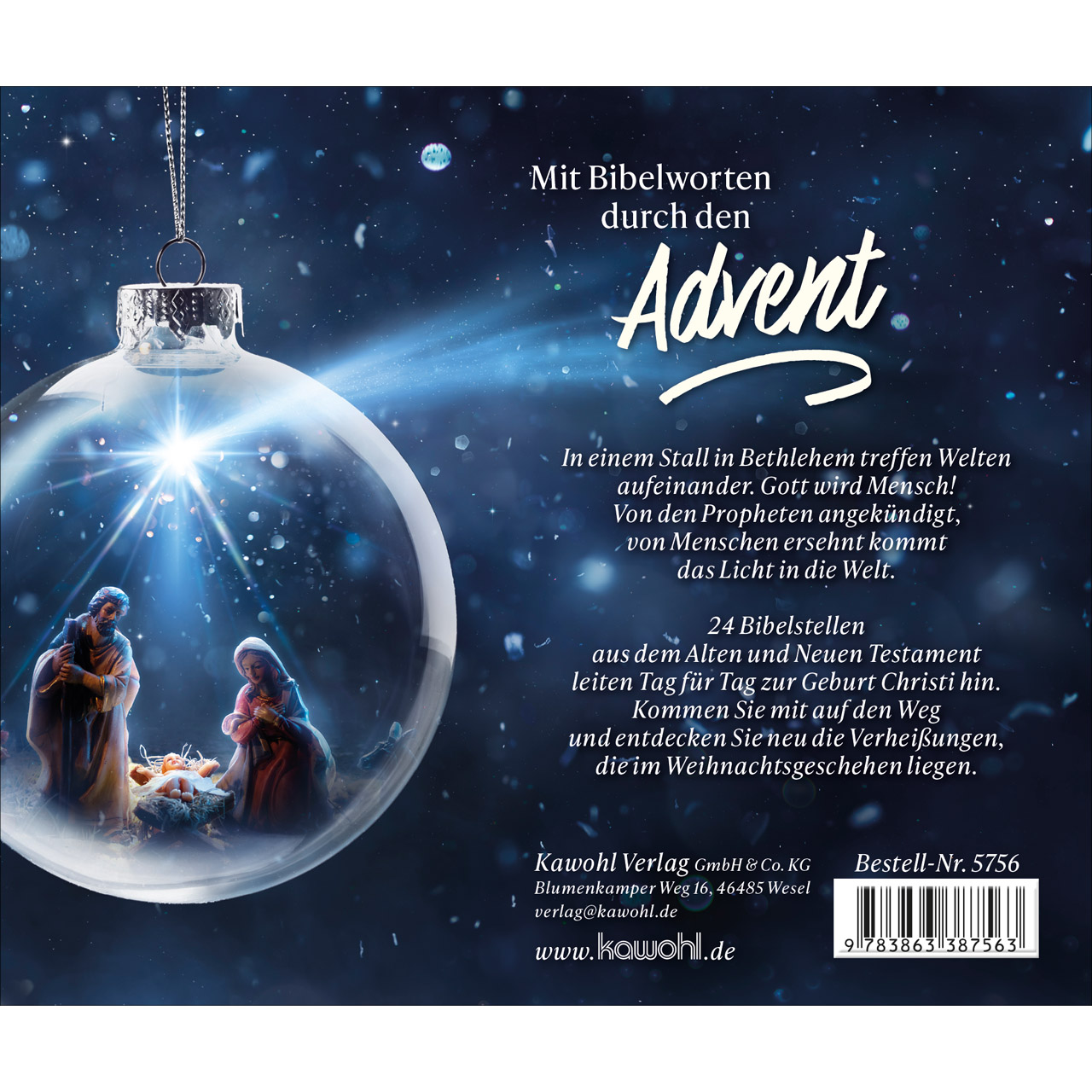 Adventskalender - Wie ein helles Licht in der Nacht - Weihnachtskugel Glas Krippe Maria Josef Jesus Baby Kuh Ochs Esel
