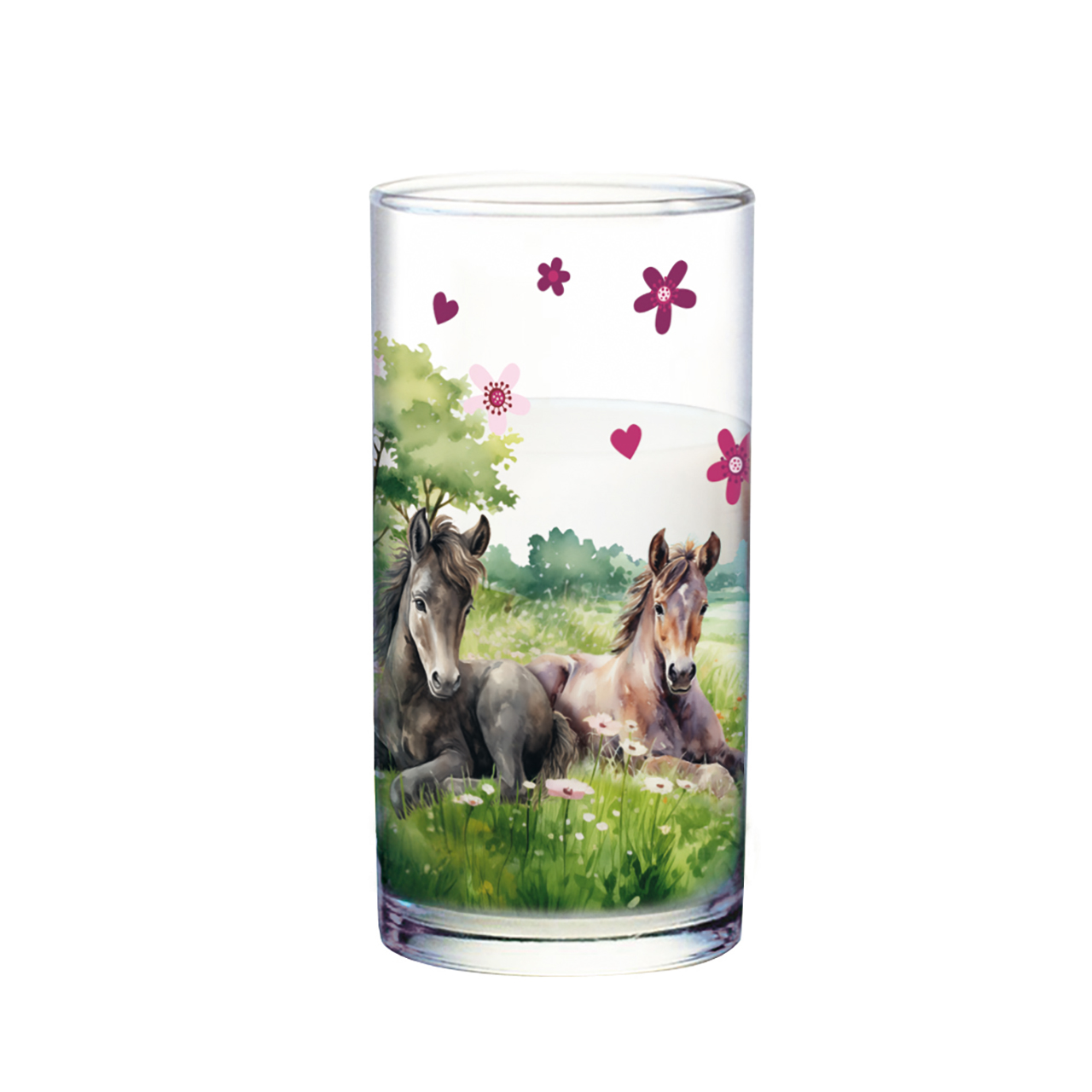 Trinkglas - Pferde und Fohlen - Pferde Fohlen Herz Blumen Wiese Gras Bäume