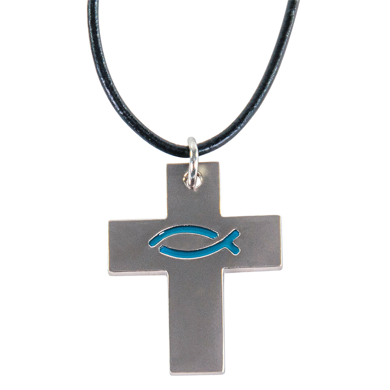 Kreuz mit Ichthys-Fisch an Lederband