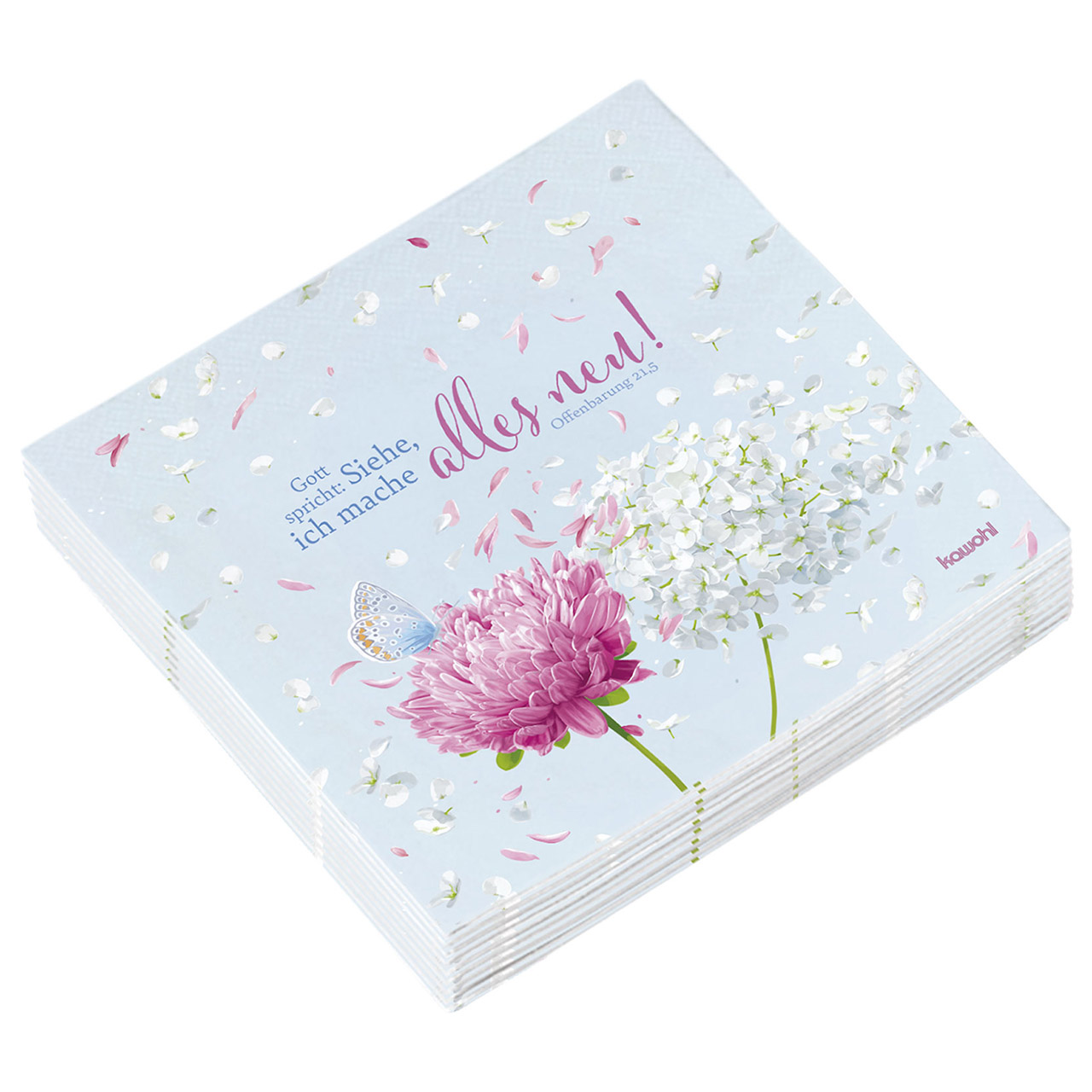 Gott spricht: Siehe, ich mache alles neu! Servietten - Gott spricht: Siehe, ich mache alles neu! - Grafik Dahlie Hortensie Blüten Schmetterling
