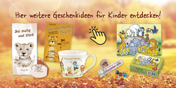 Banner mit verschiedenen Geschenken für Kinder, darunter ein Tasse, Puzzle, Notizblock und weitere Artikel in herbstlicher Atmosphäre.