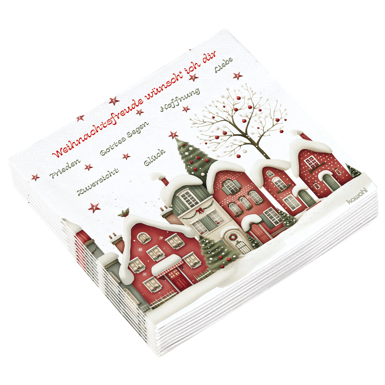 Servietten - Weihnachtsfreude wünsch' ich dir - Häuserzeile Haus Schnee Grafik Sterne Tannenbaum