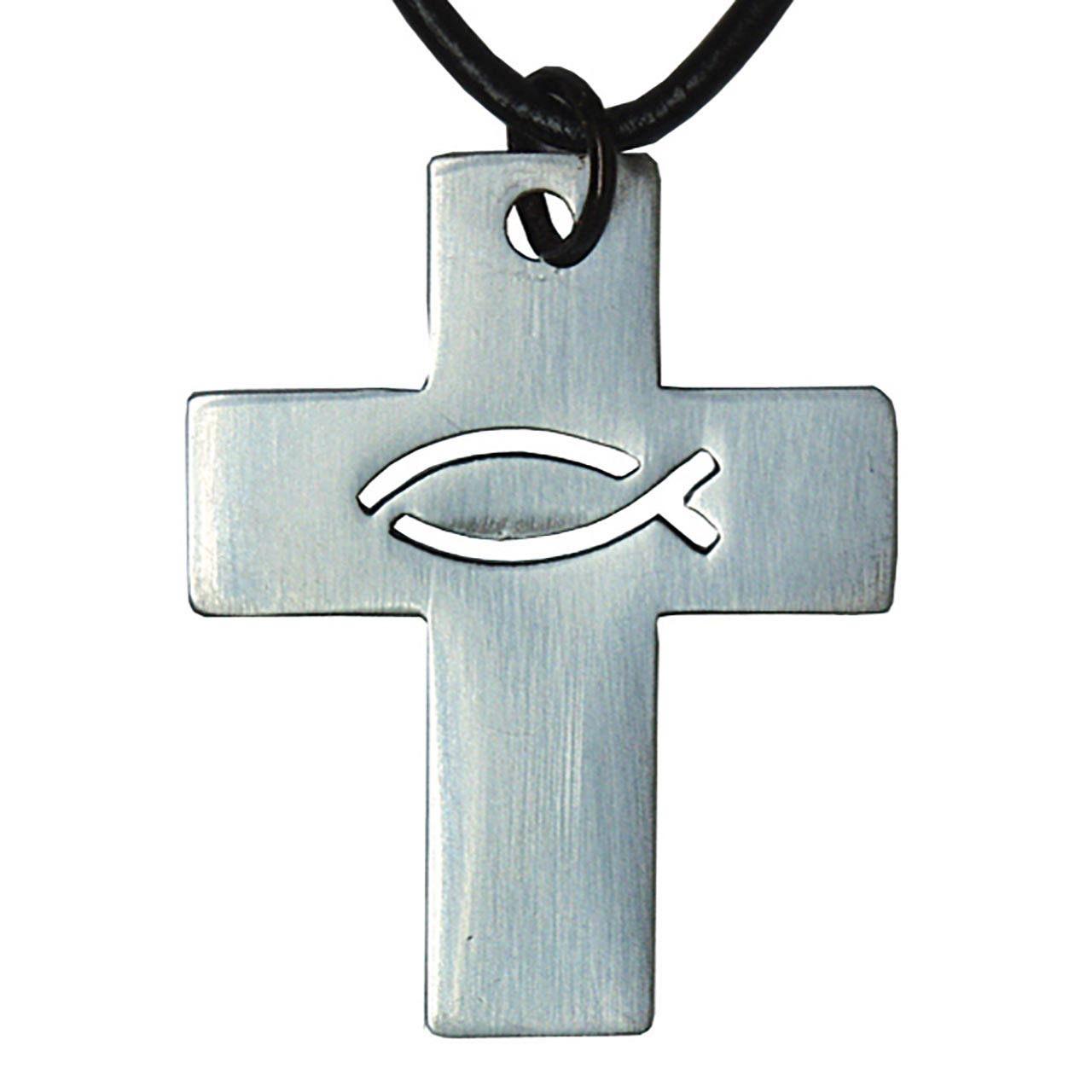 Kreuz mit Ichthys-Fisch an Lederband