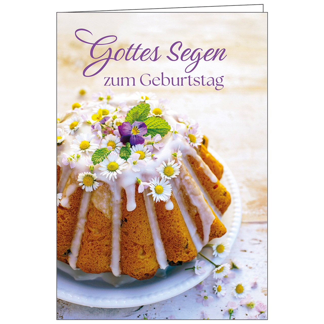 Faltkarte - Gottes Segen zum Geburtstag - Kuchen mit Gänseblümchen Teller Zuckerguss Minze
