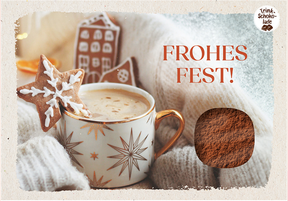 Lebensmittel-Karte - Schokokarte 'Frohes Fest' - Karte Kakau Tasse Häuser Stern Lebkuchen Decke