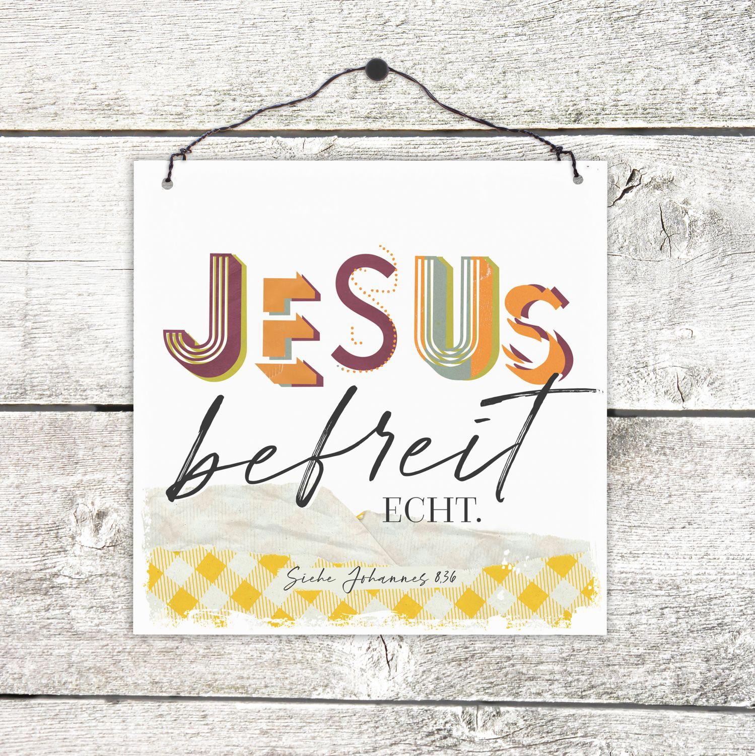Wanddekoration - Holzschild klein 'Jesus befreit echt.' - Geschenkpapier verknittert