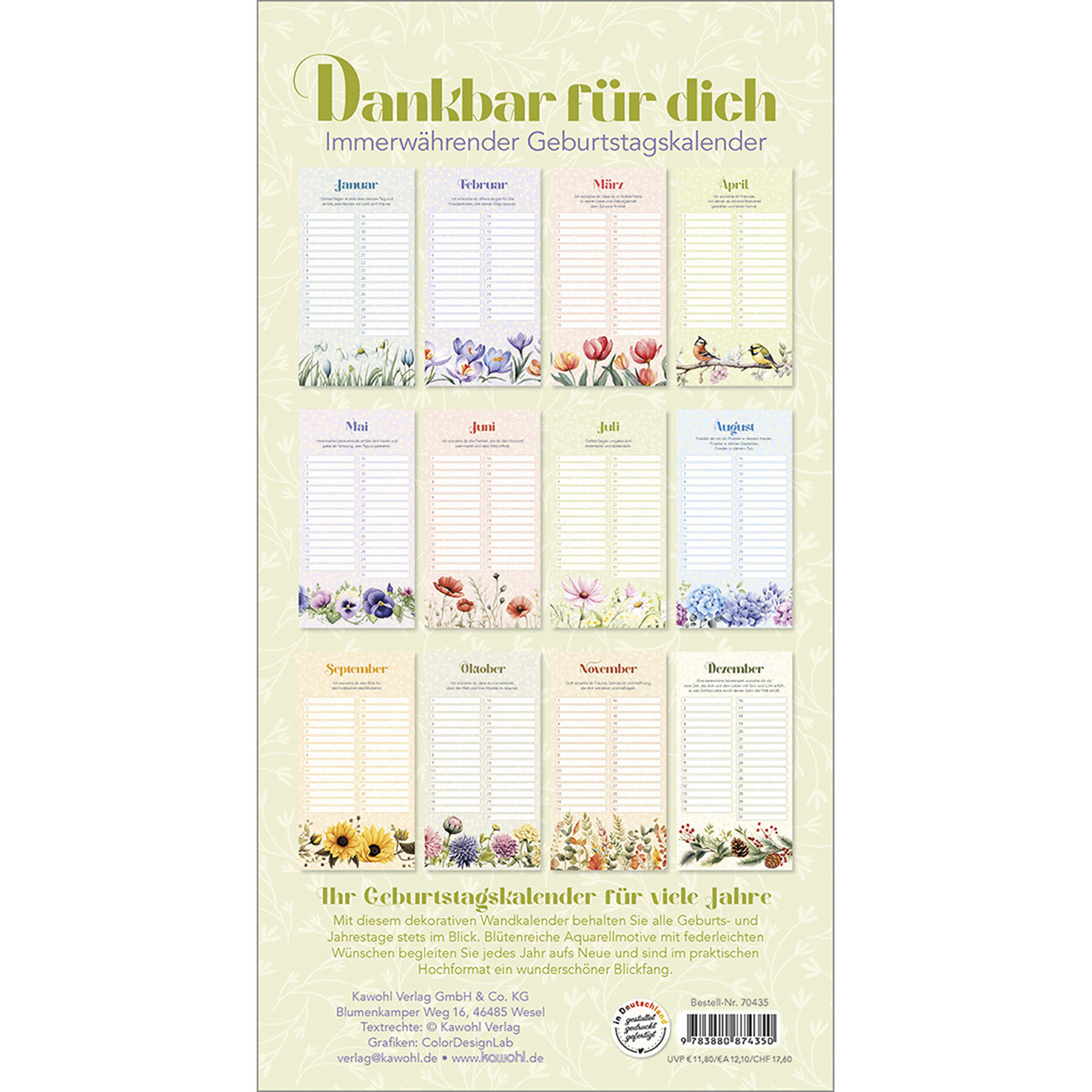 Immerwährender Kalender - Dankbar für dich - Aquarell Blumen