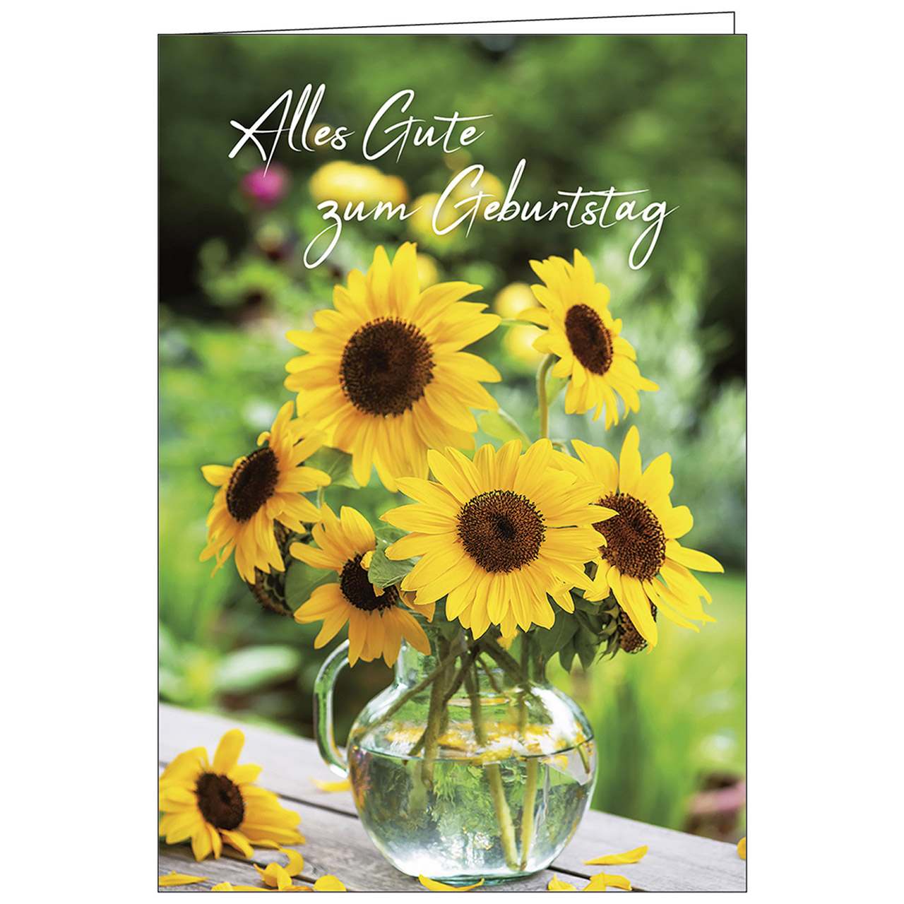 Alles Gute zum Geburtstag Faltkarte - Alles Gute zum Geburtstag - Sonnenblumen Vase Glas Tisch