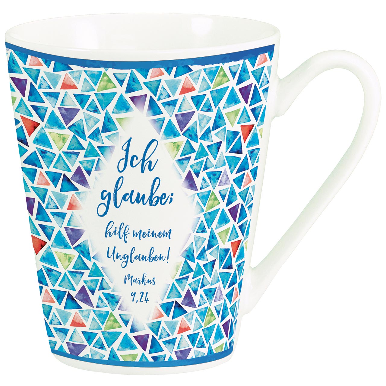 Ich glaube: hilf meinem Unglauben! Tasse - Ich glaube: hilf meinem Unglauben! - Aquarell-Motiv: Muster / Dreiecke (Blautöne)