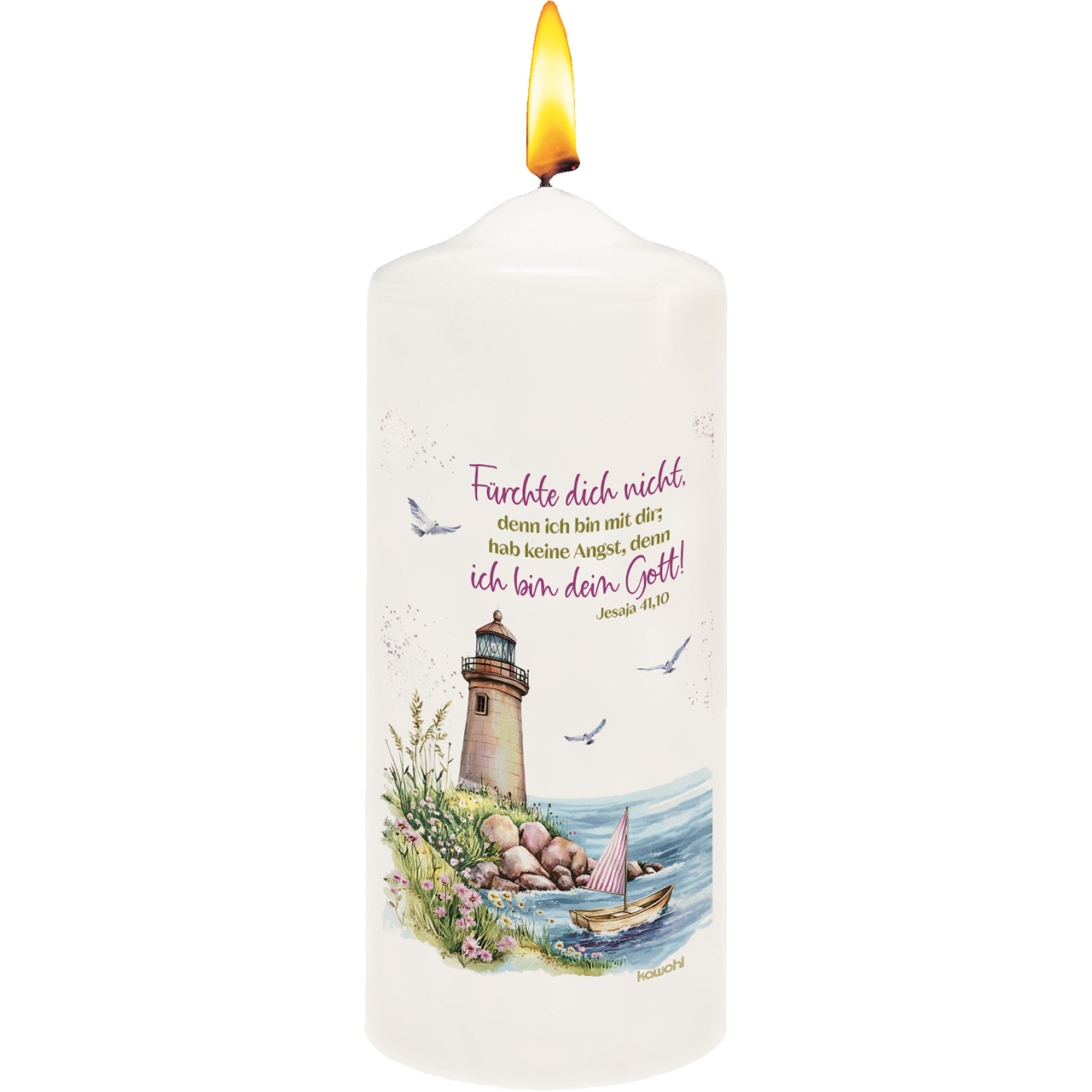 Kerze - Fürchte dich nicht, denn ich bin mit dir; - Grafik Leuchtturm Boot Möve Stenne Blumen Wasser Meer