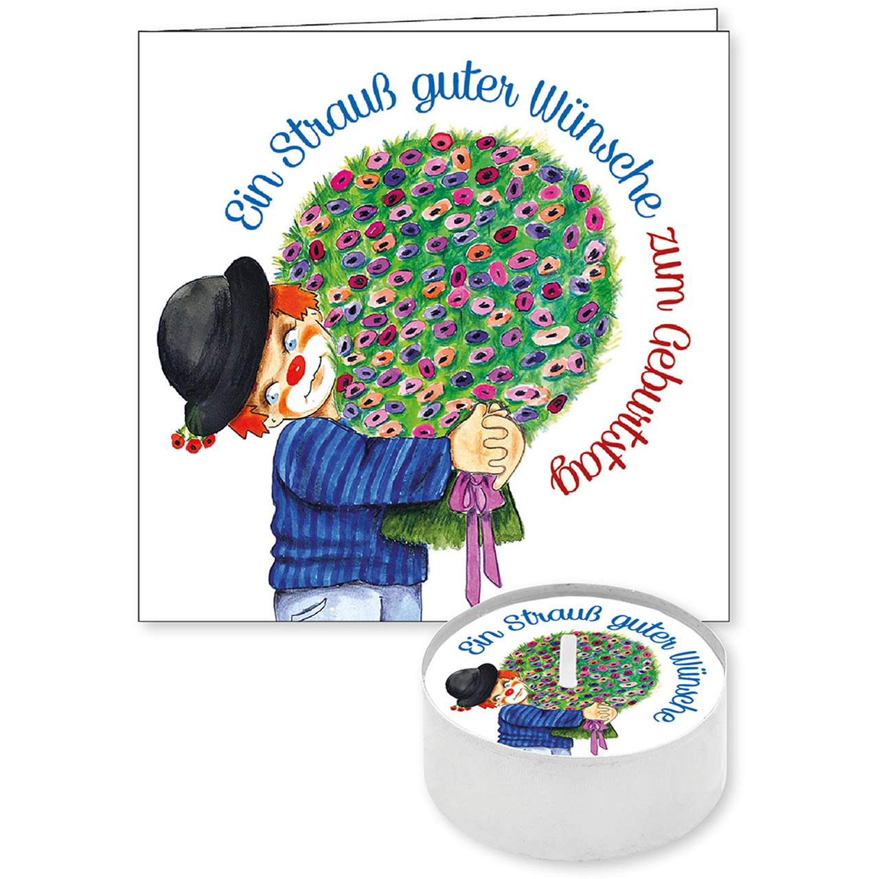 Ein Strauß guter Wünsche zum Geburtstag Teelicht mit Grußkarte - Ein Strauß guter Wünsche zum Geburtstag - Clown Blumenstrauß