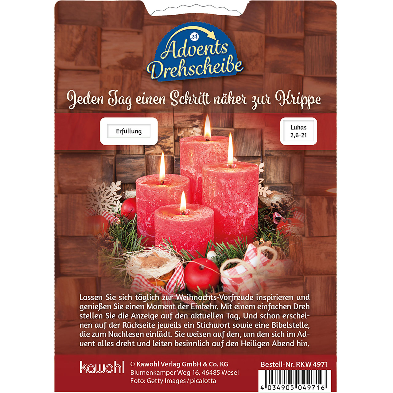 Adventskalender - Gesegnete Adventszeit - 4 Kerzen Stern Äpfel Tannenzweige Schleifen