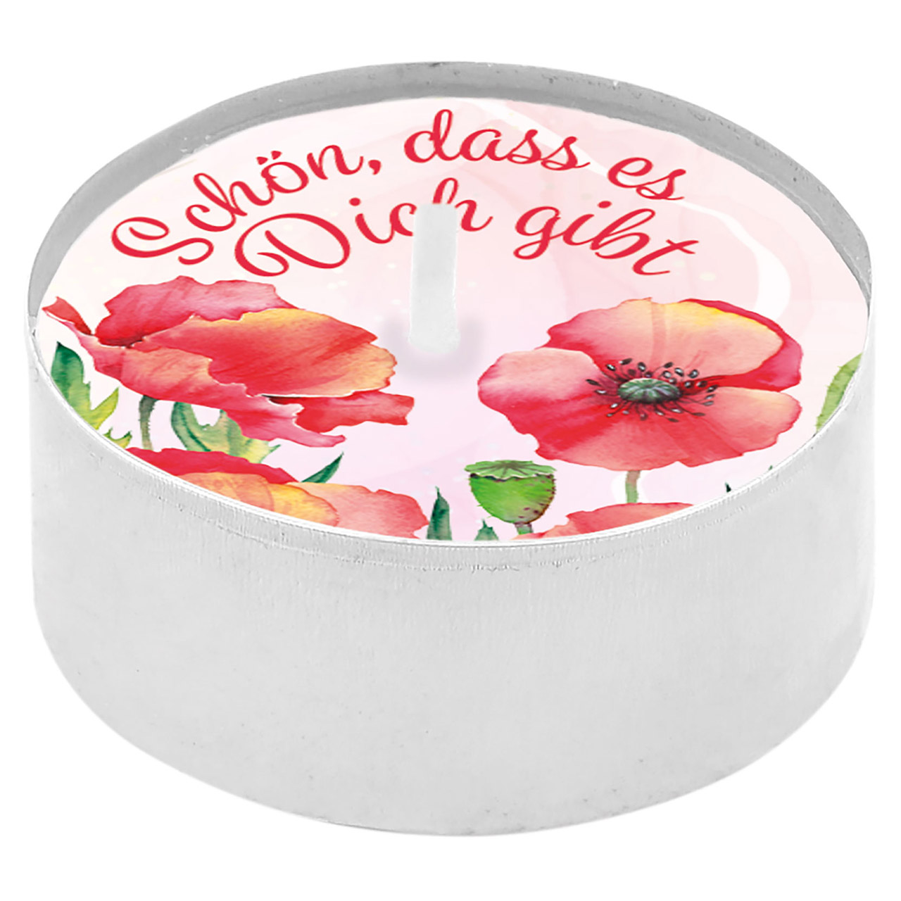 Teelicht mit Grußkarte - Schön, dass es Dich gibt - Mohn grafisch