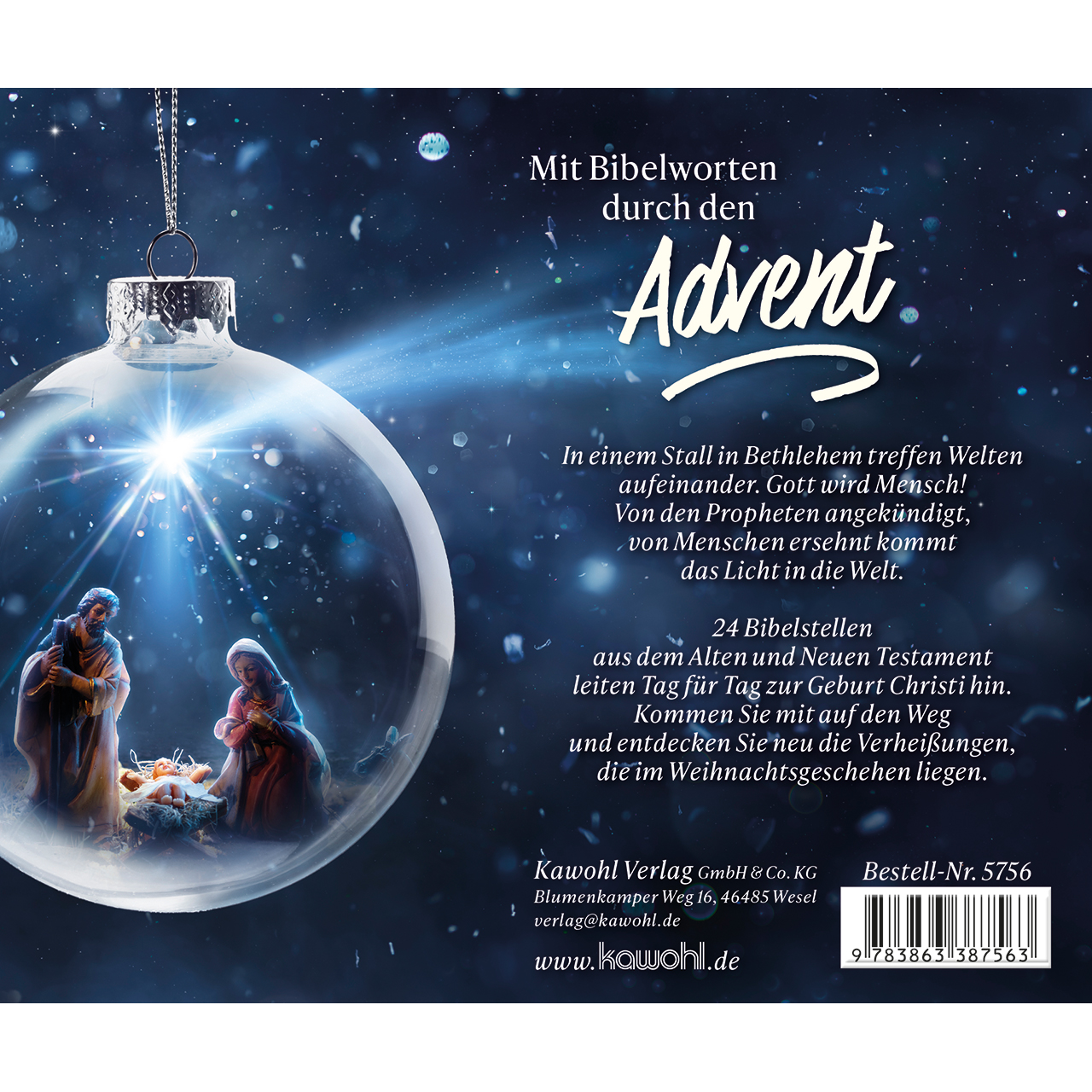 Adventskalender - Wie ein helles Licht in der Nacht - Weihnachtskugel Glas Krippe Maria Josef Jesus Baby Kuh Ochs Esel