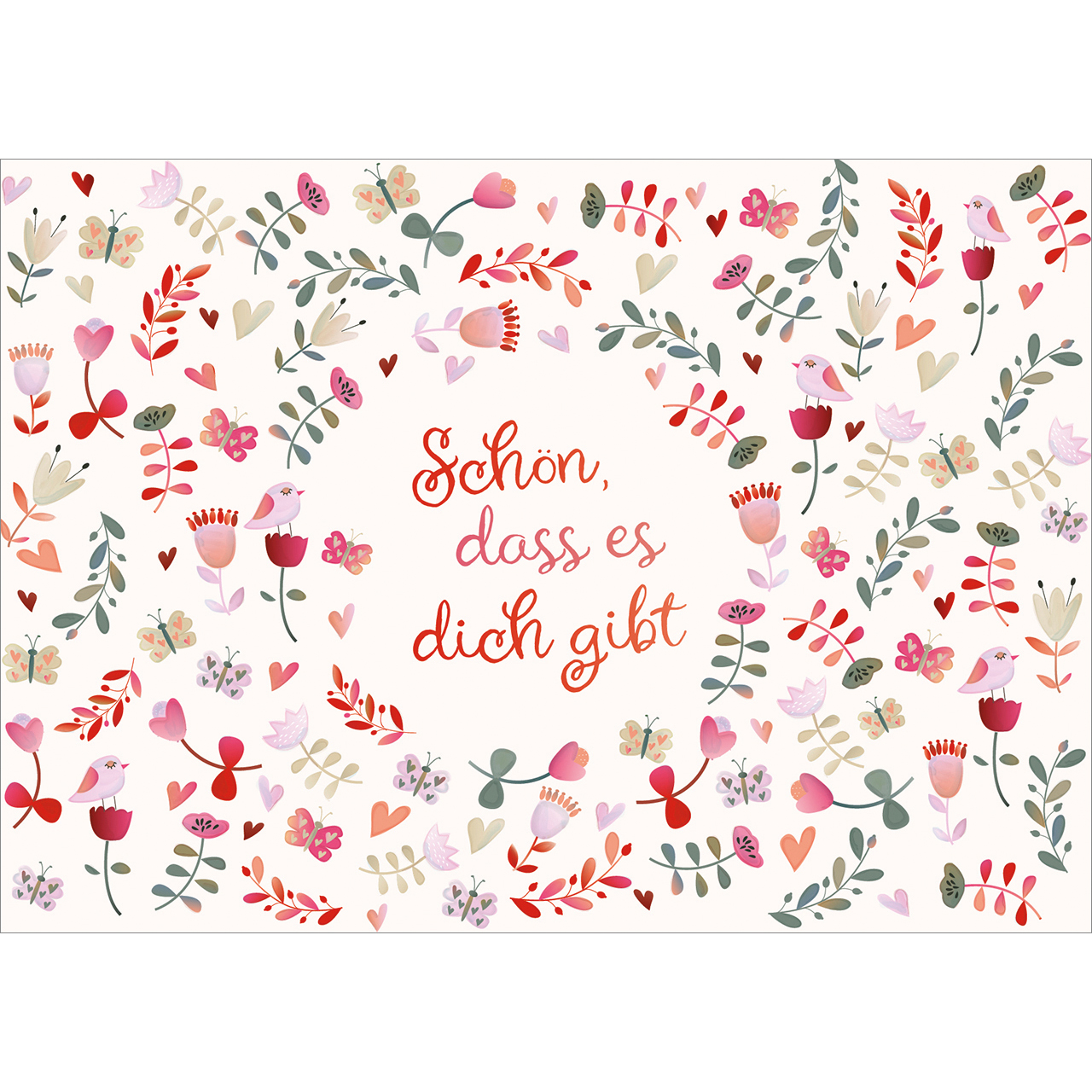 Postkarten - Schön, dass es dich gibt - Blumen Vögel Herz