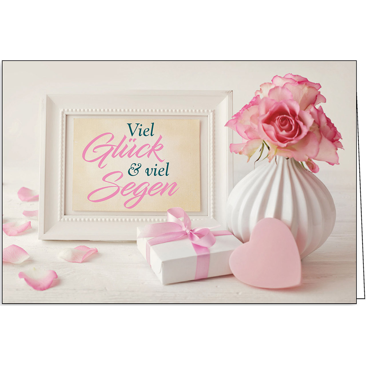 Viel Glück & viel Segen Faltkarte - Viel Glück & viel Segen - Rose Rahmen Herz Geschenk Vase
