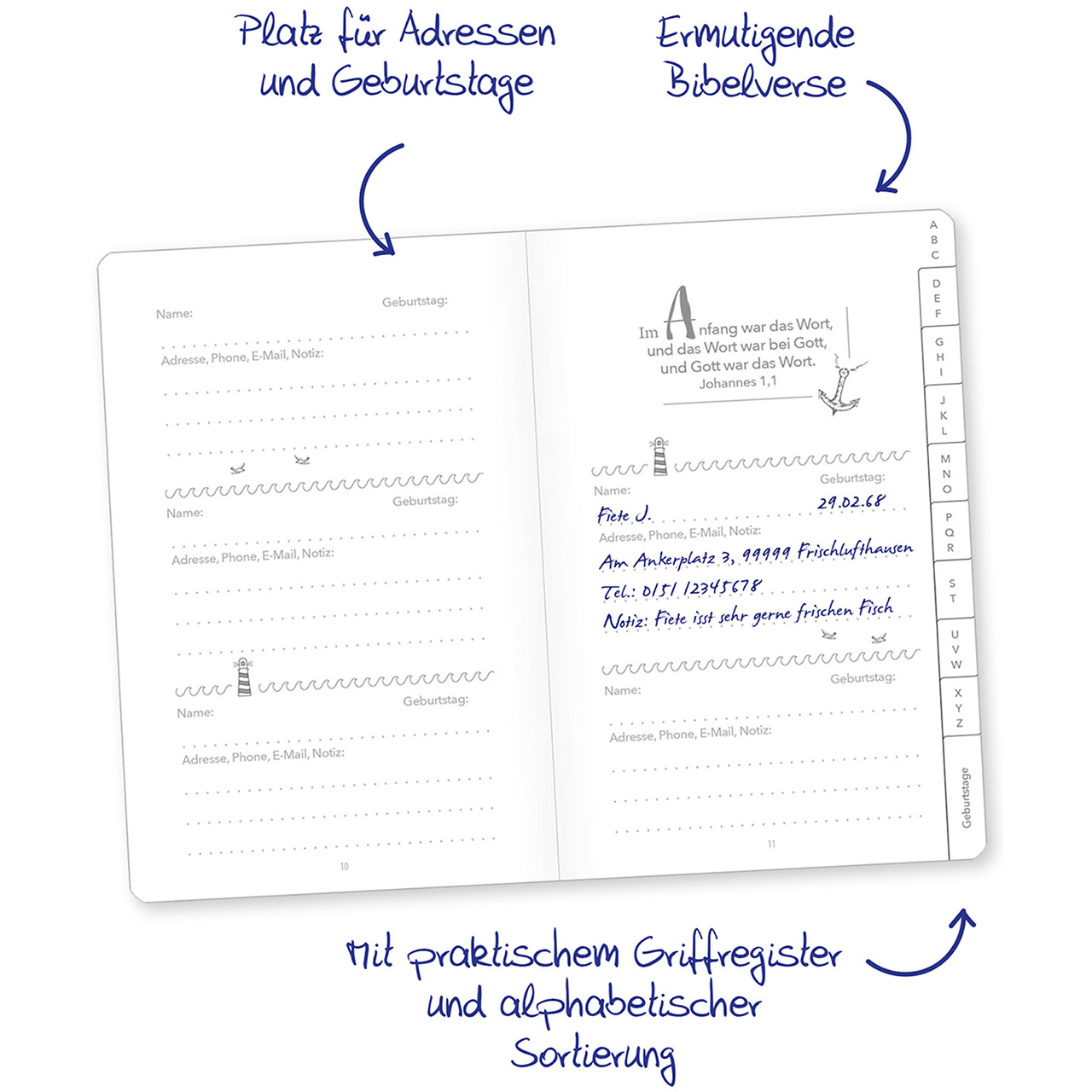 Adressbuch - Gemeinsam unterwegs - Adressen - Grafik Segelboot Möven Meer