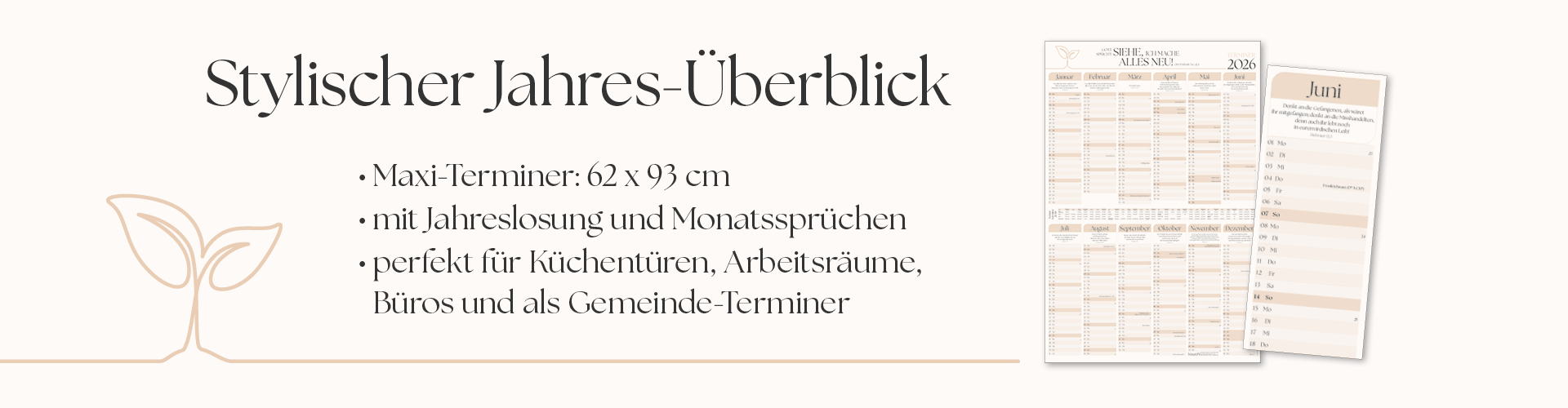 Banner mit Termin-Kalender für einen Stylischer Jahresüberblick im Maxi-Format, mit Jahreslosung und Monatsansicht, ideal für Küchen, Büros und Gemeindeorte.