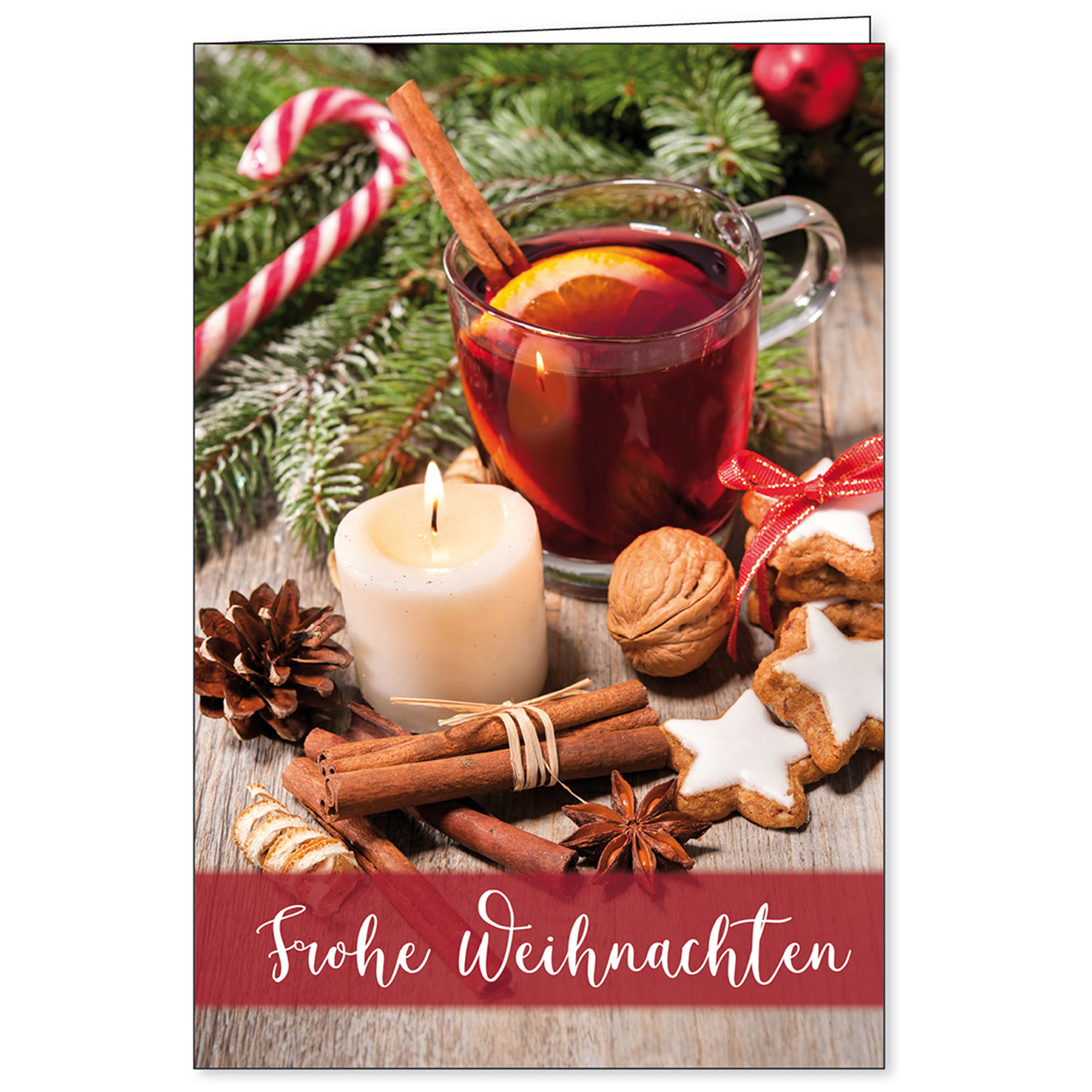 Frohe Weihnachten Faltkarte - Frohe Weihnachten - Zimtsterne Tee Kerze Wallnuss Tannenzweige Punsch